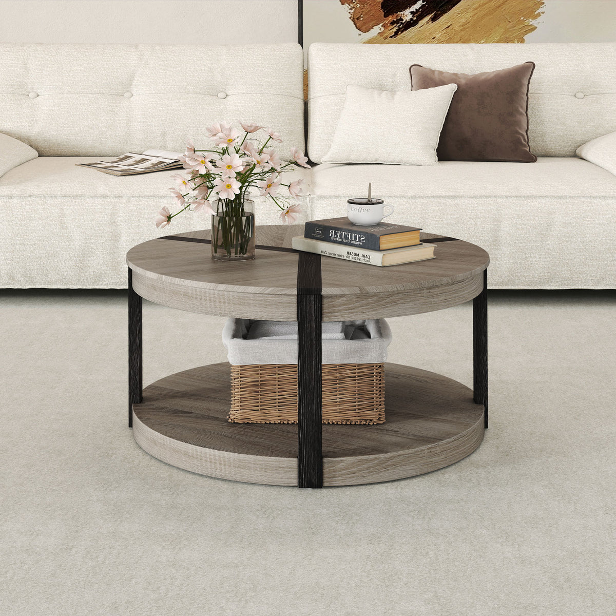 34.5" Rubber Wood Round Center Table with Storage Shelf, Gray