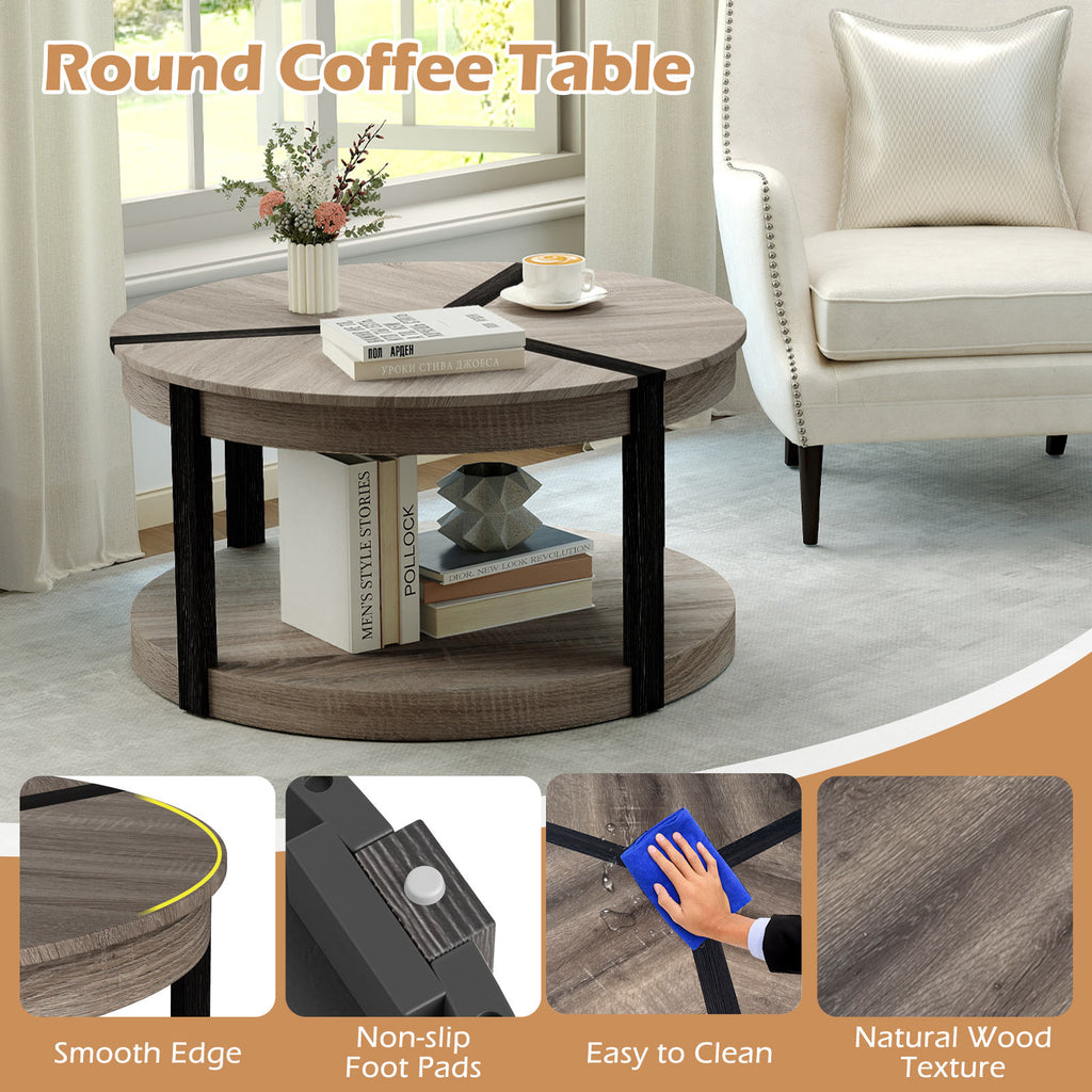 34.5" Rubber Wood Round Center Table with Storage Shelf, Gray
