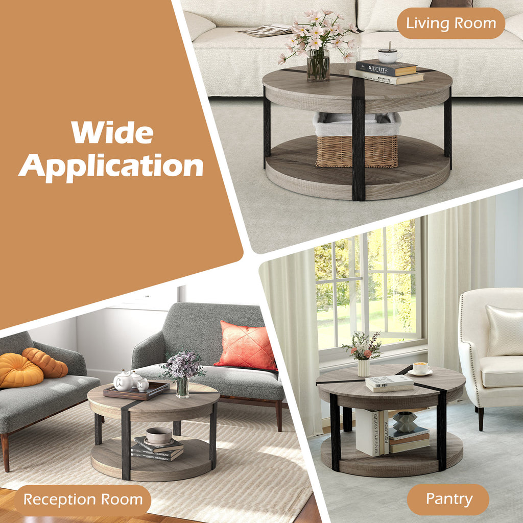 34.5" Rubber Wood Round Center Table with Storage Shelf, Gray