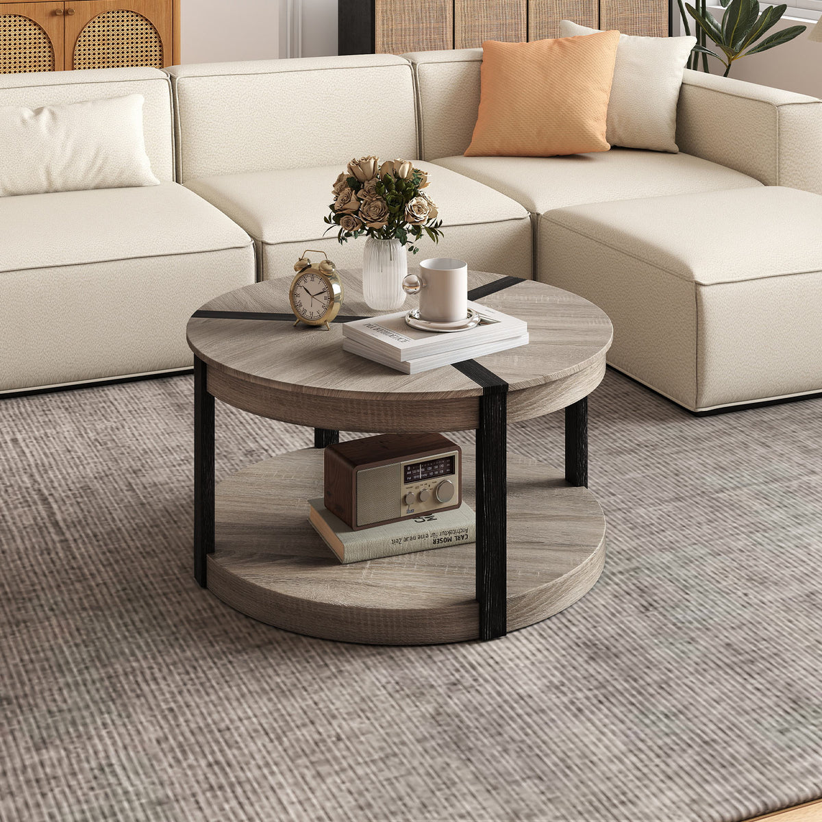 34.5" Rubber Wood Round Center Table with Storage Shelf, Gray