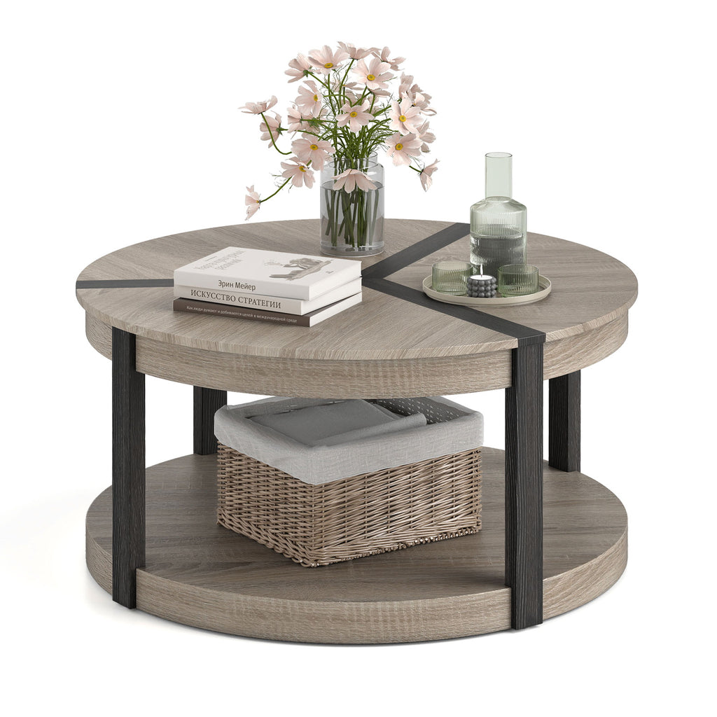 34.5" Rubber Wood Round Center Table with Storage Shelf, Gray