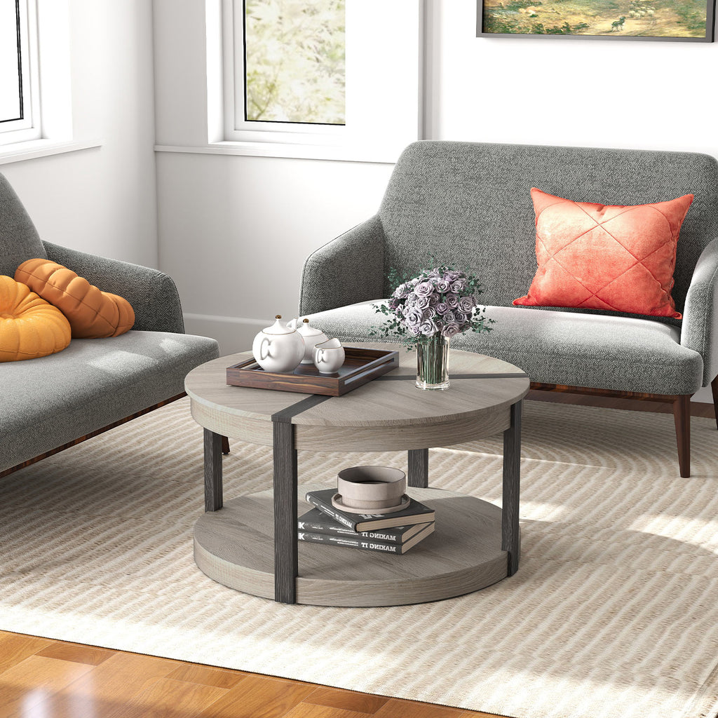 34.5" Rubber Wood Round Center Table with Storage Shelf, Gray