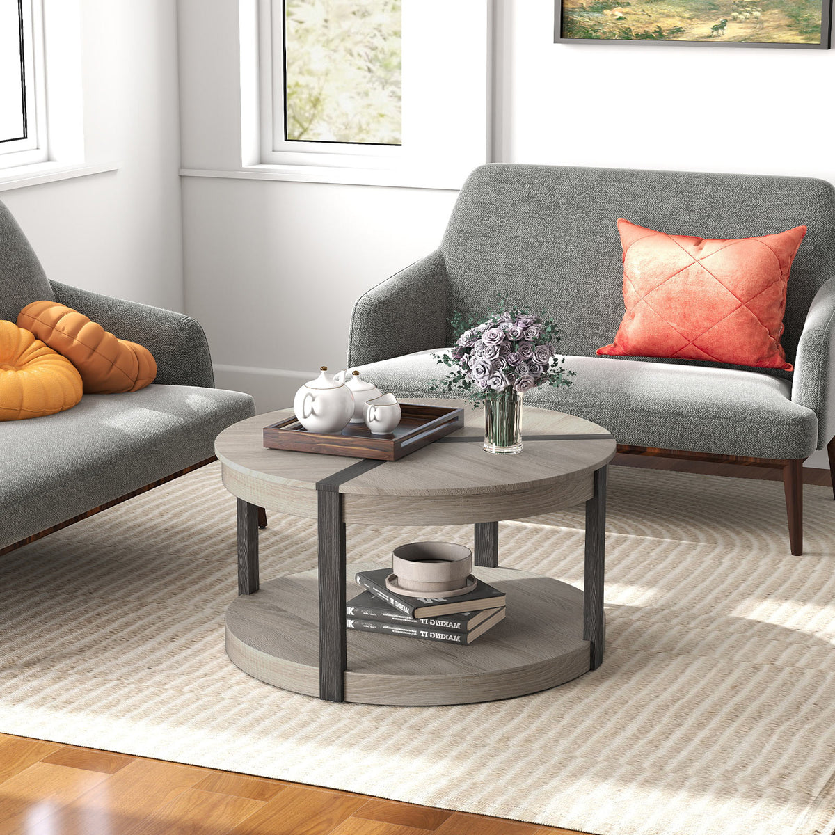 34.5" Rubber Wood Round Center Table with Storage Shelf, Gray