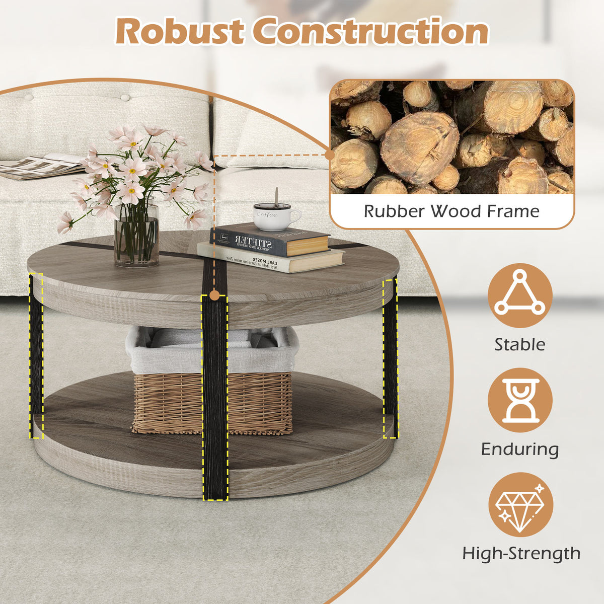 34.5" Rubber Wood Round Center Table with Storage Shelf, Gray