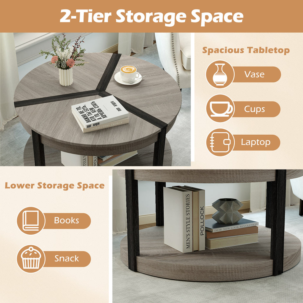34.5" Rubber Wood Round Center Table with Storage Shelf, Gray