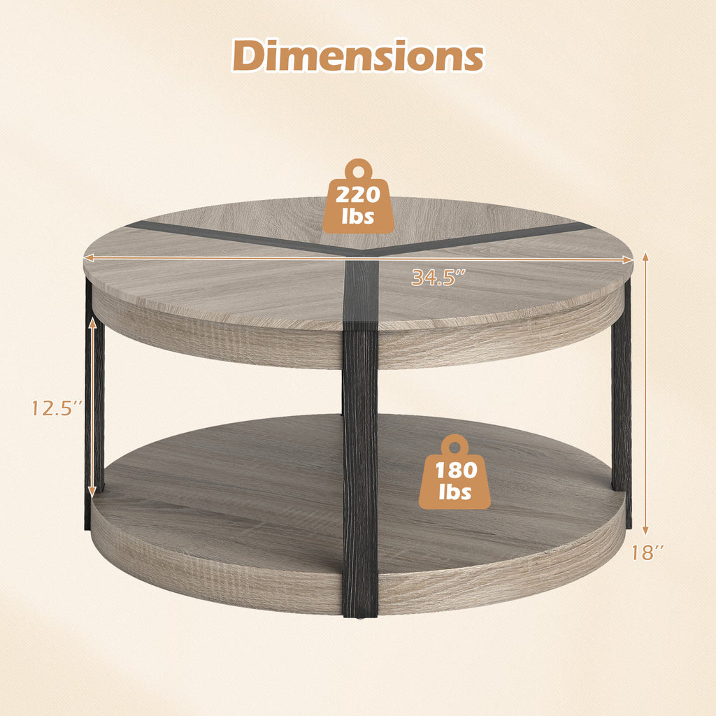 34.5" Rubber Wood Round Center Table with Storage Shelf, Gray
