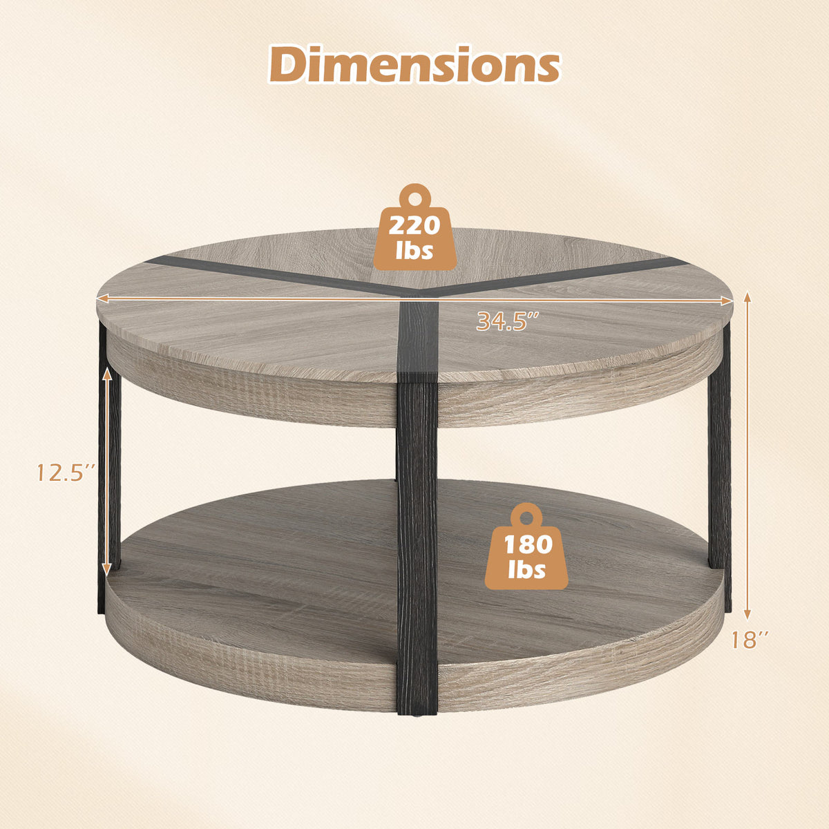 34.5" Rubber Wood Round Center Table with Storage Shelf, Gray