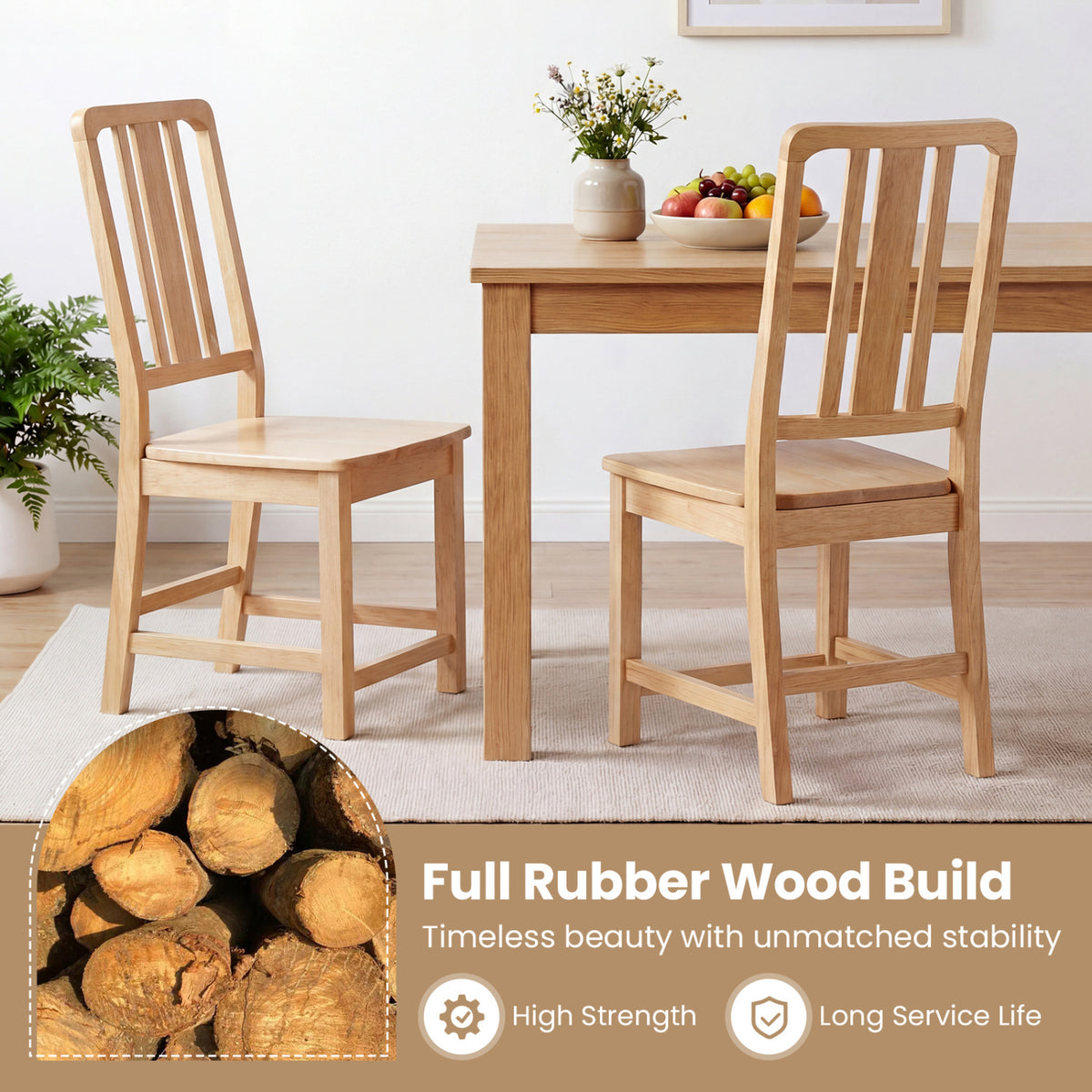 Rubber Wood Dining Chairs Set of 2, Natural