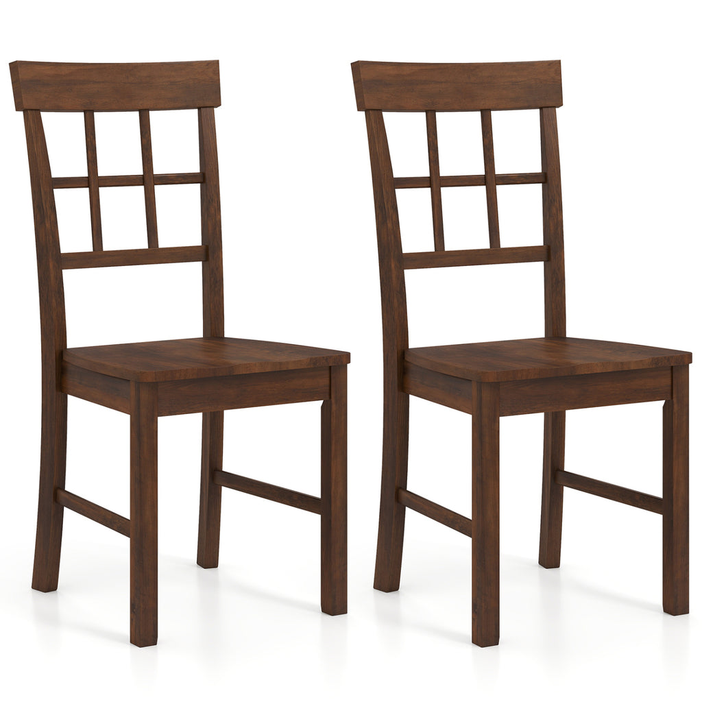 Rubber Wood Dining Chairs Set of 2, Dark Brown Windowpane Back