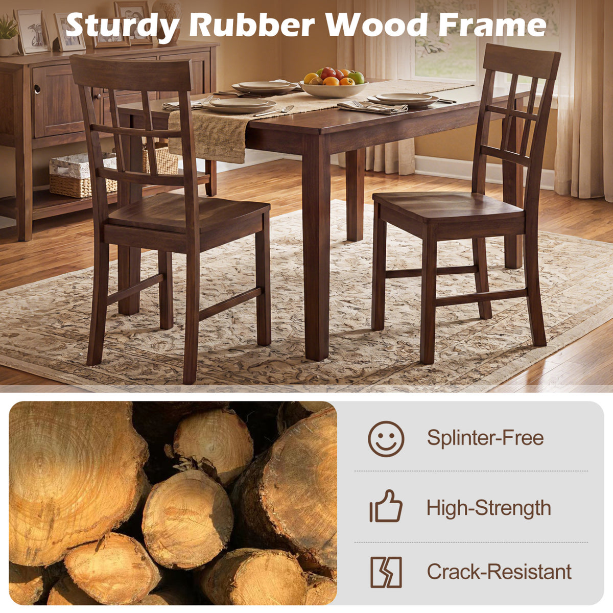 Rubber Wood Dining Chairs Set of 2, Dark Brown Windowpane Back