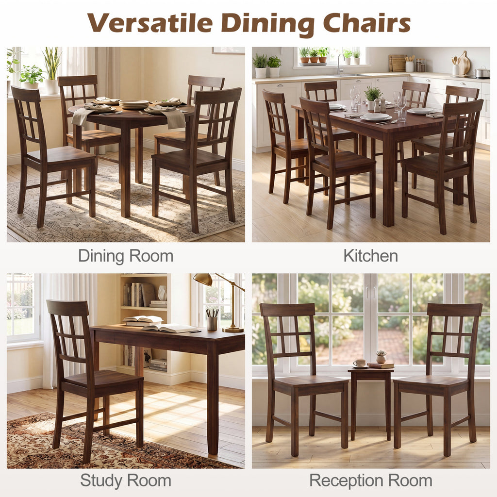 Rubber Wood Dining Chairs Set of 2, Dark Brown Windowpane Back