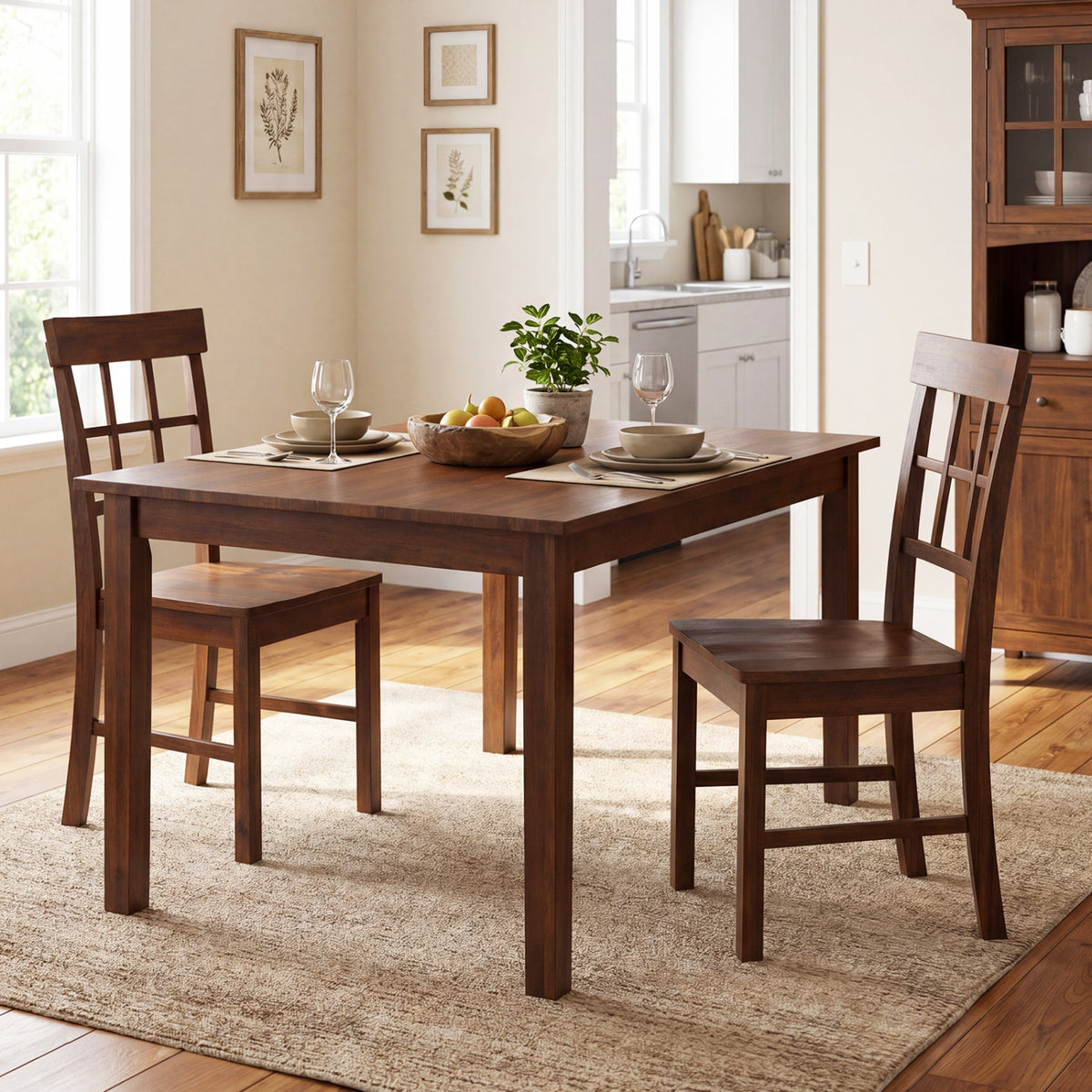 Rubber Wood Dining Chairs Set of 4, Dark Brown Windowpane Back