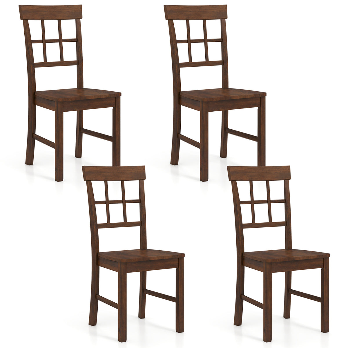 Rubber Wood Dining Chairs Set of 4, Dark Brown Windowpane Back