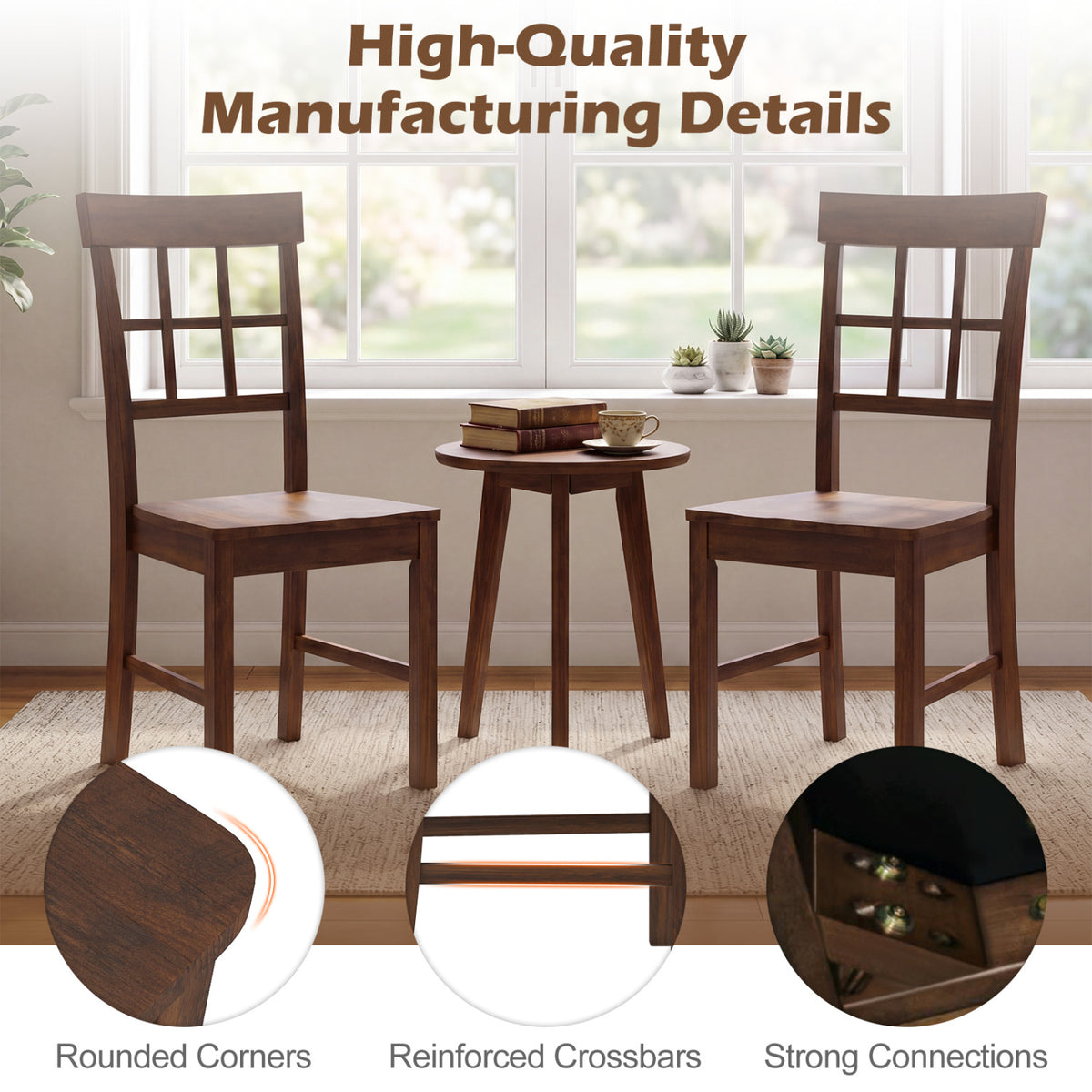 Rubber Wood Dining Chairs Set of 4, Dark Brown Windowpane Back