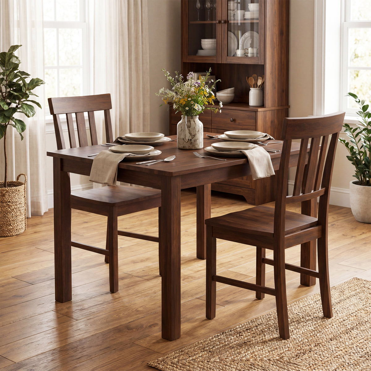 Rubber Wood Dining Chairs Set of 4, Dark Brown