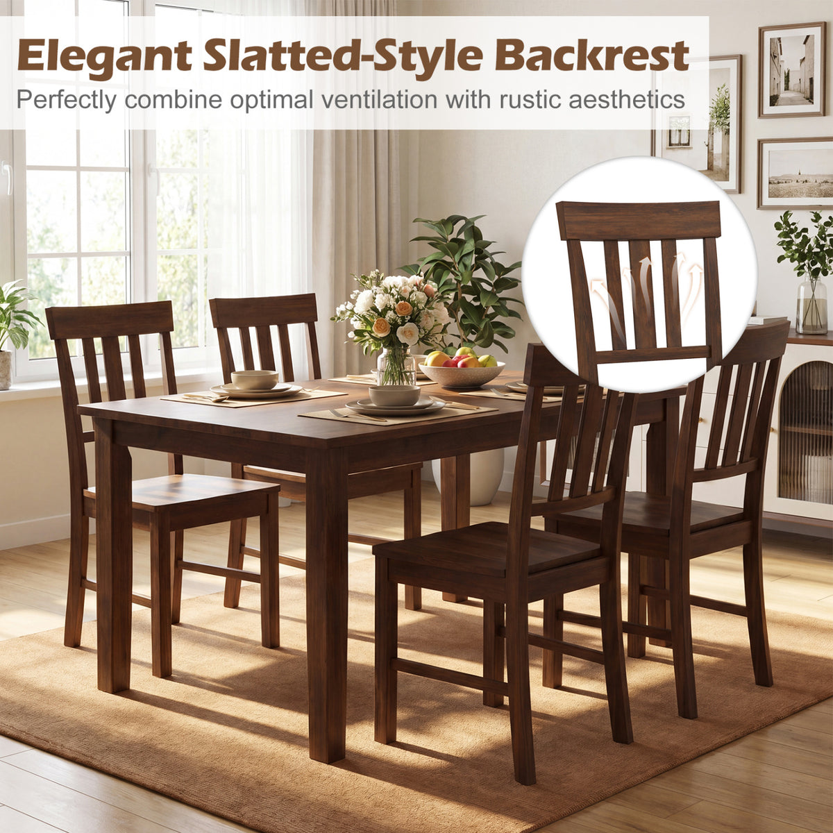 Rubber Wood Dining Chairs Set of 4, Dark Brown