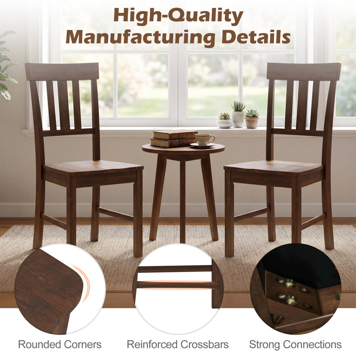 Rubber Wood Dining Chairs Set of 4, Dark Brown