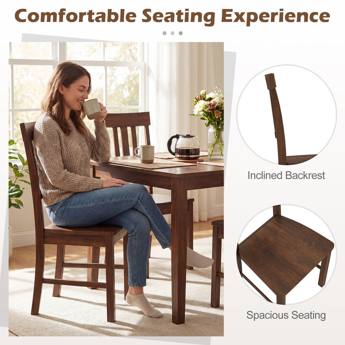 Rubber Wood Dining Chairs Set of 2, Dark Brown