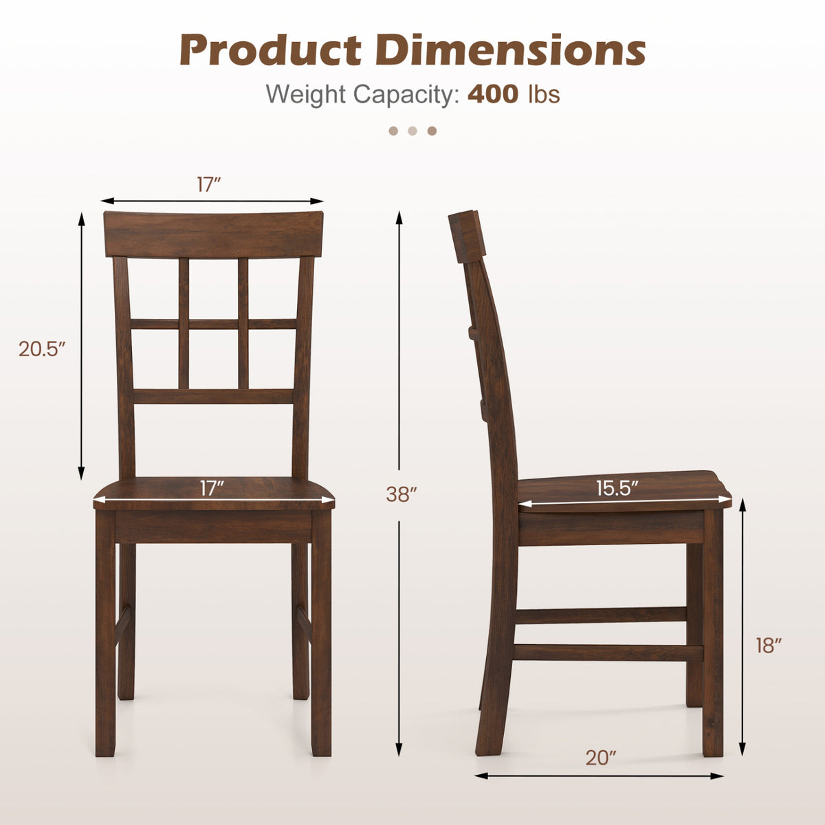 Rubber Wood Dining Chairs Set of 2, Dark Brown Windowpane Back