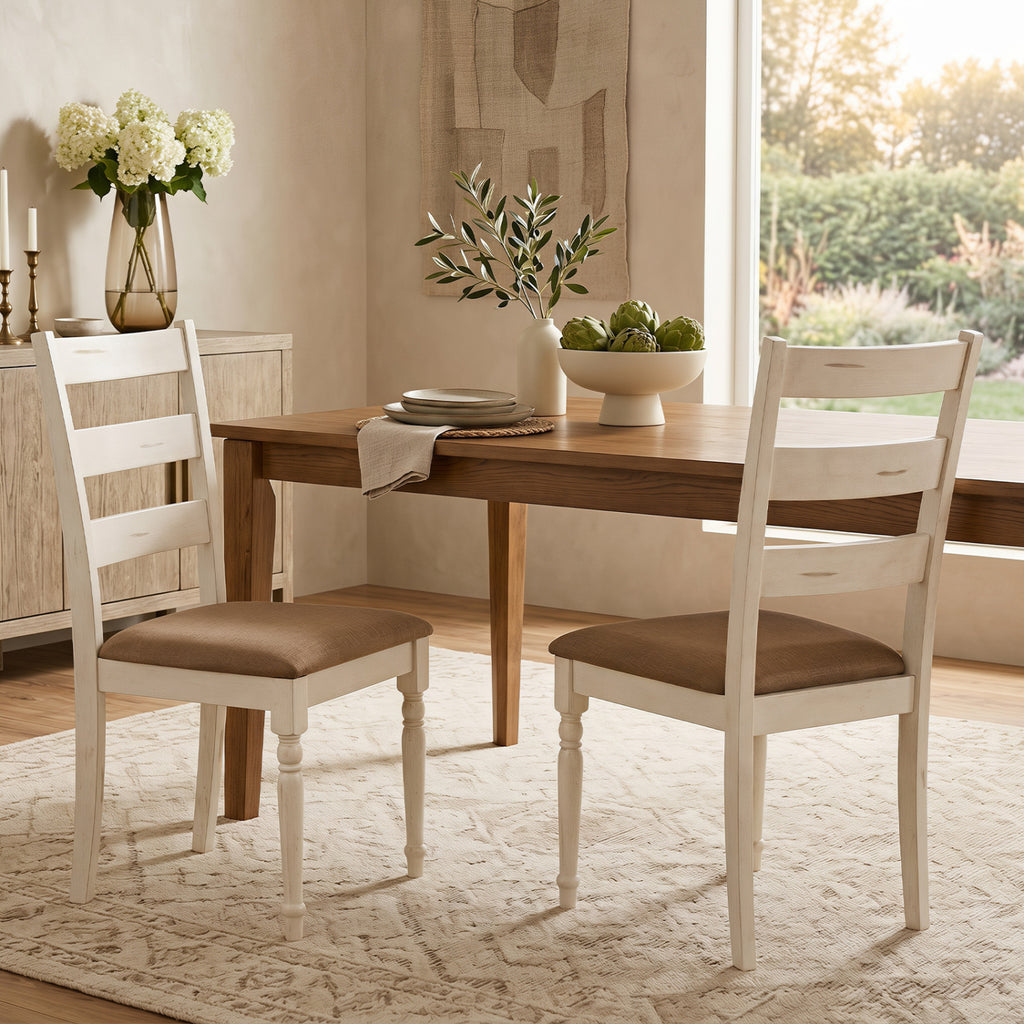 Rubber Wood Dining Chairs Set of 2 with Padded Linen Seat - White