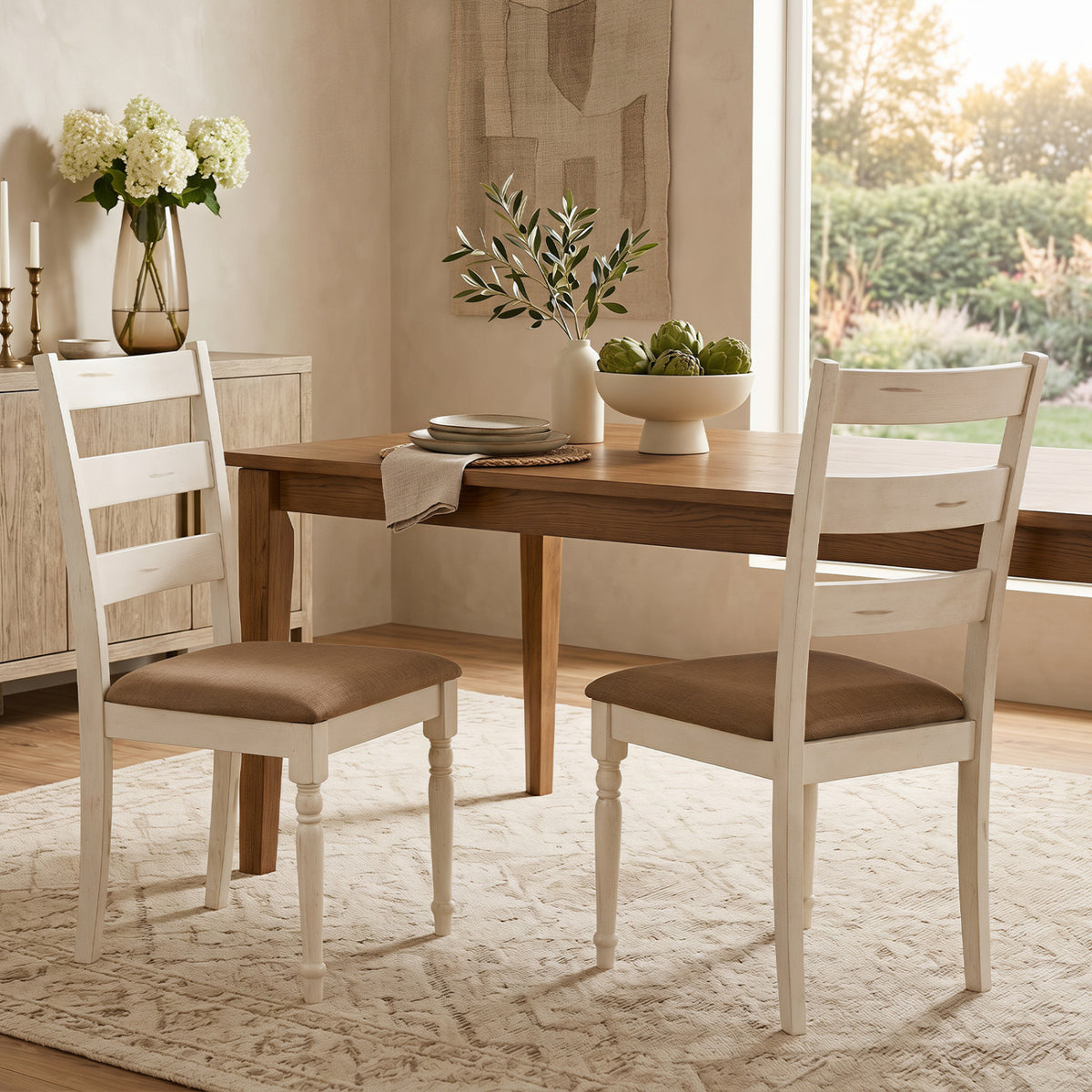 Rubber Wood Dining Chairs Set of 2 with Padded Linen Seat - White