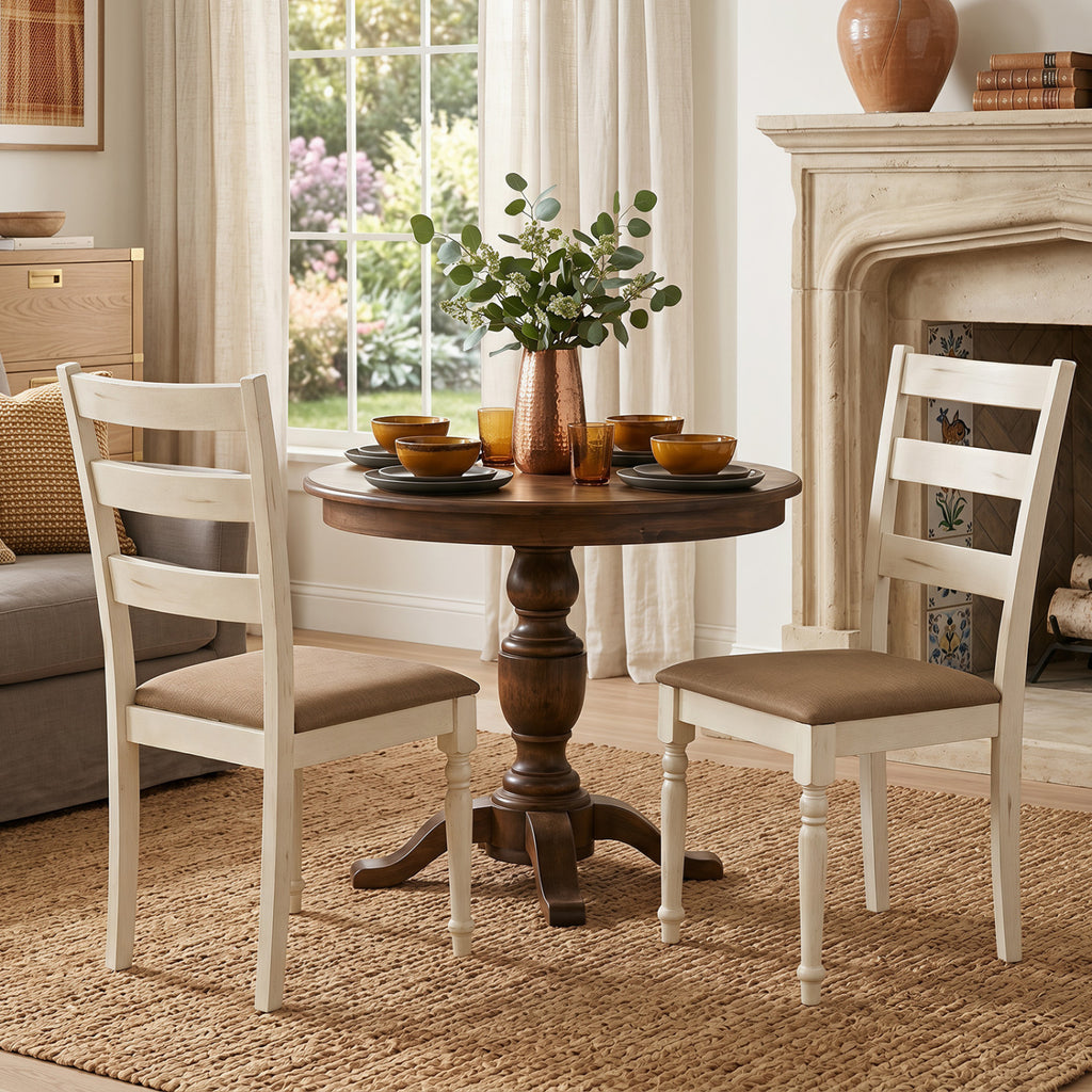Rubber Wood Dining Chairs Set of 2 with Padded Linen Seat - White