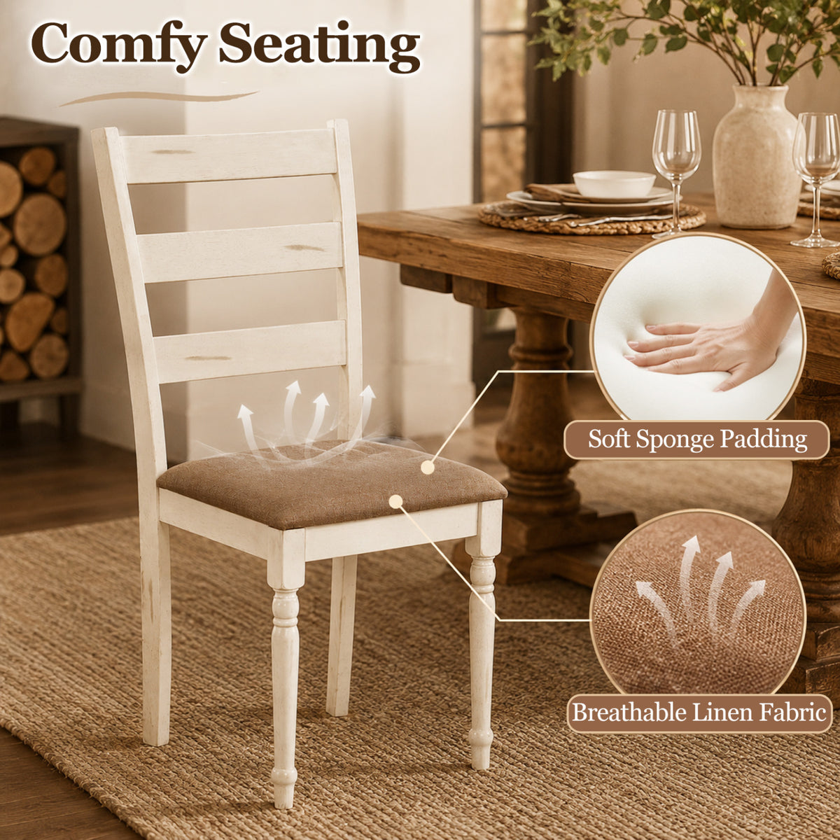Rubber Wood Dining Chairs Set of 2 with Padded Linen Seat - White