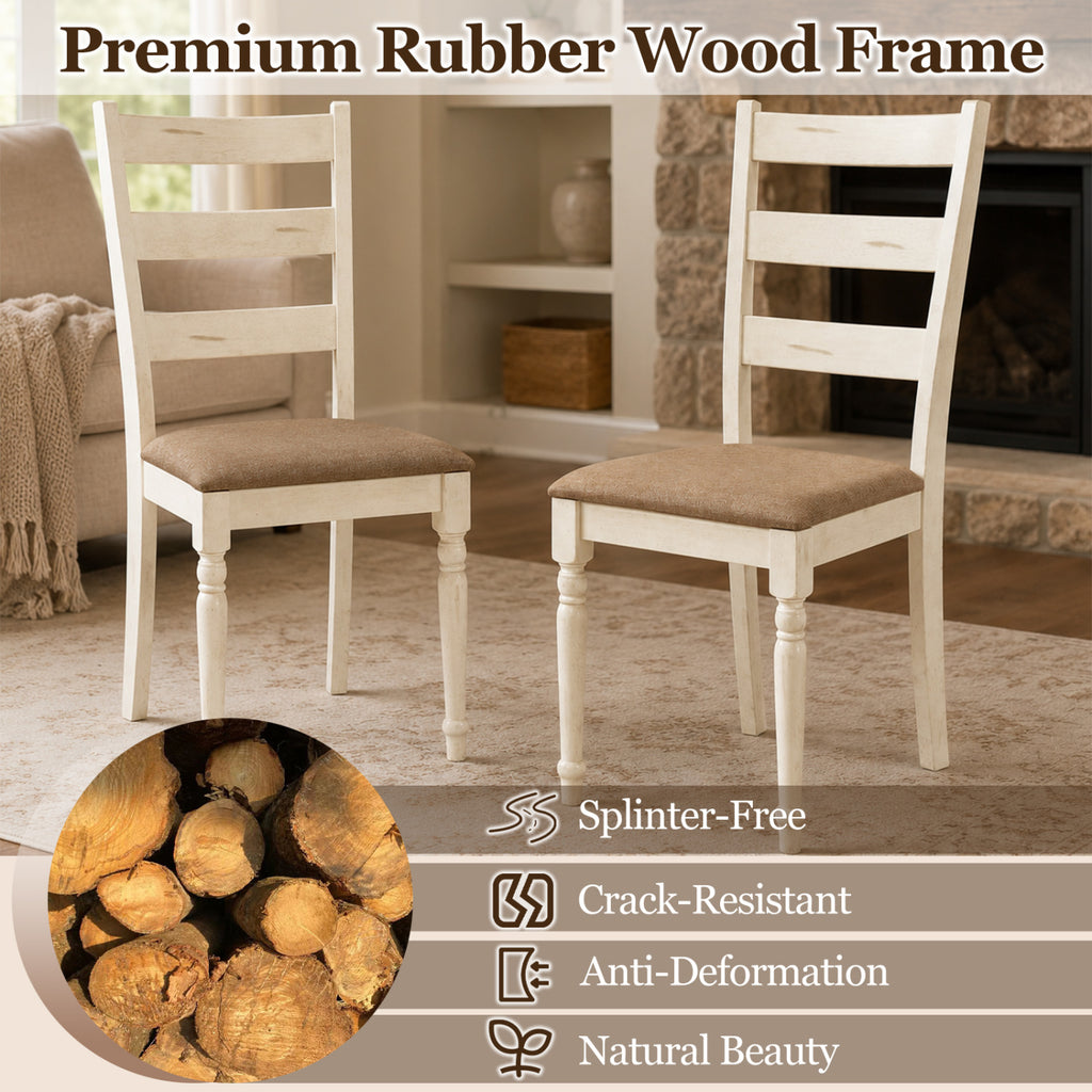 Rubber Wood Dining Chairs Set of 2 with Padded Linen Seat - White