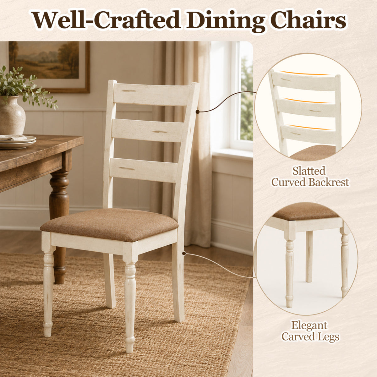 Rubber Wood Dining Chairs Set of 2 with Padded Linen Seat - White