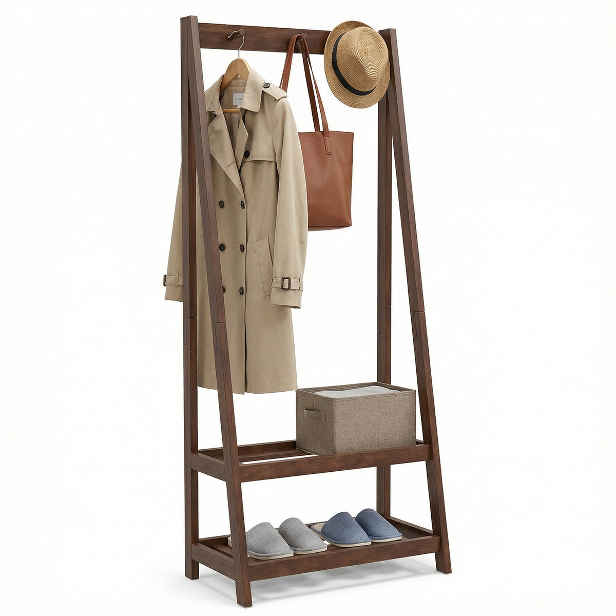 Double Rods Clothes Hanging Rack with Hooks & Shelf