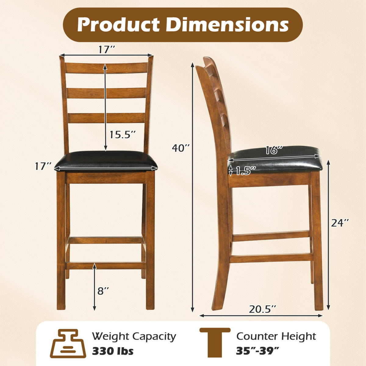 Rubber Wood Counter Stools Set of 2 - 24 inch, Walnut