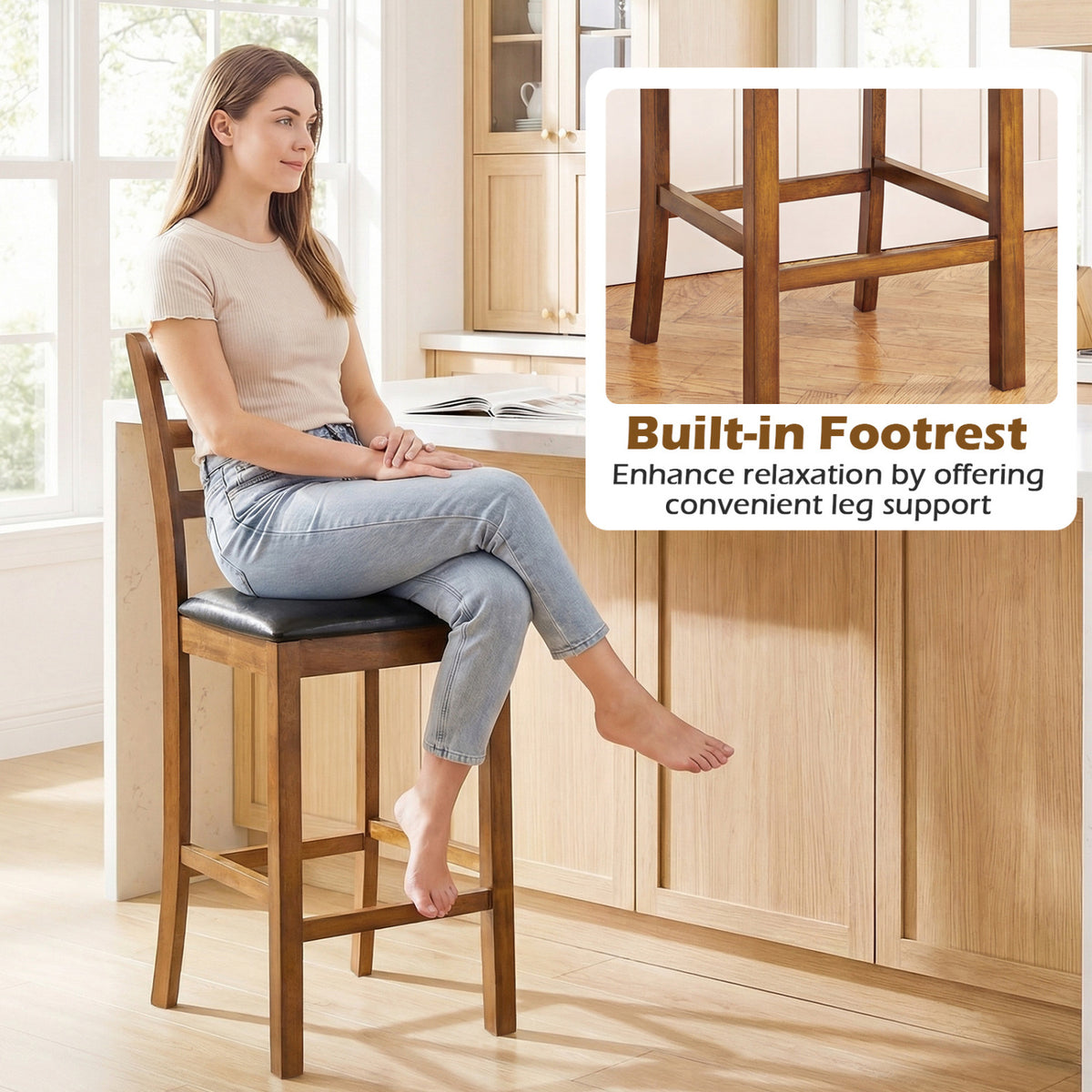 Rubber Wood Counter Stools Set of 2 - 24 inch, Walnut