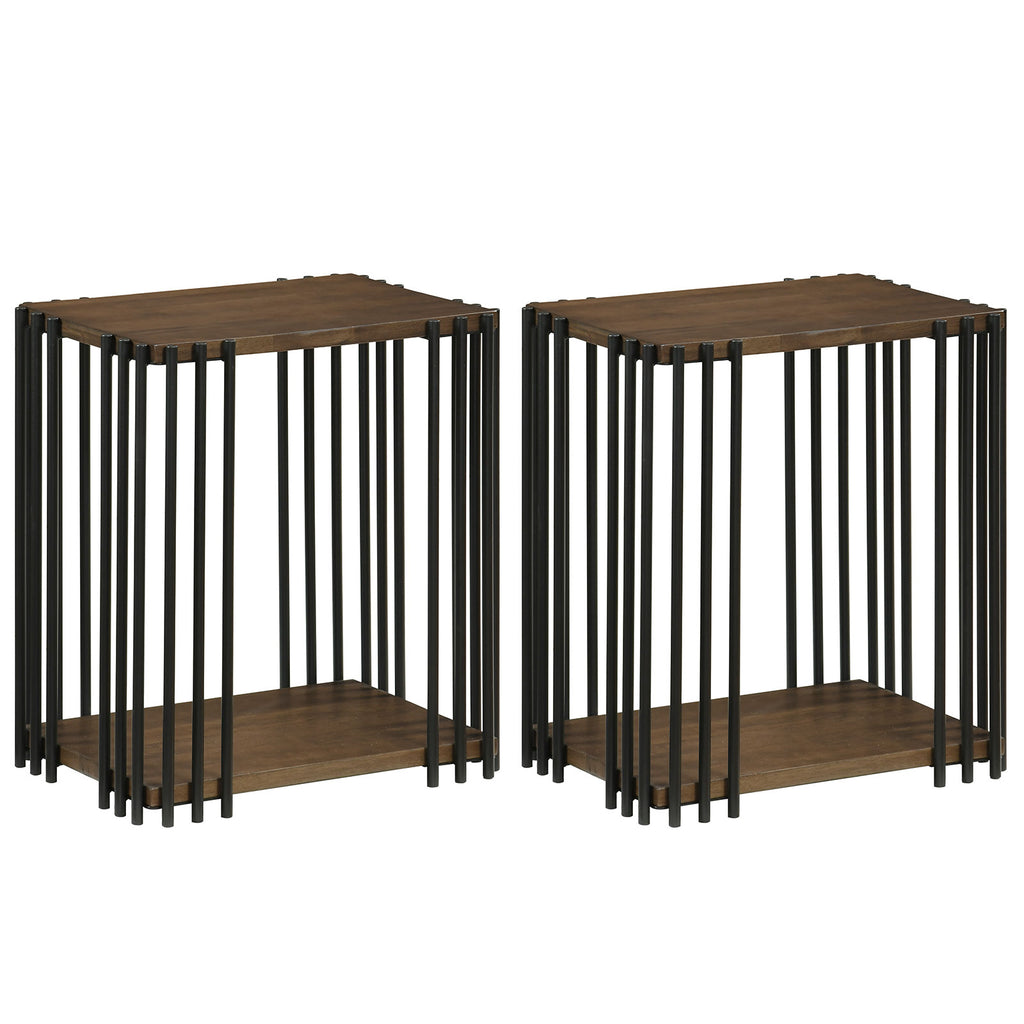 Rubber Wood Side Table Set of 2, Walnut - 2-Tier Storage