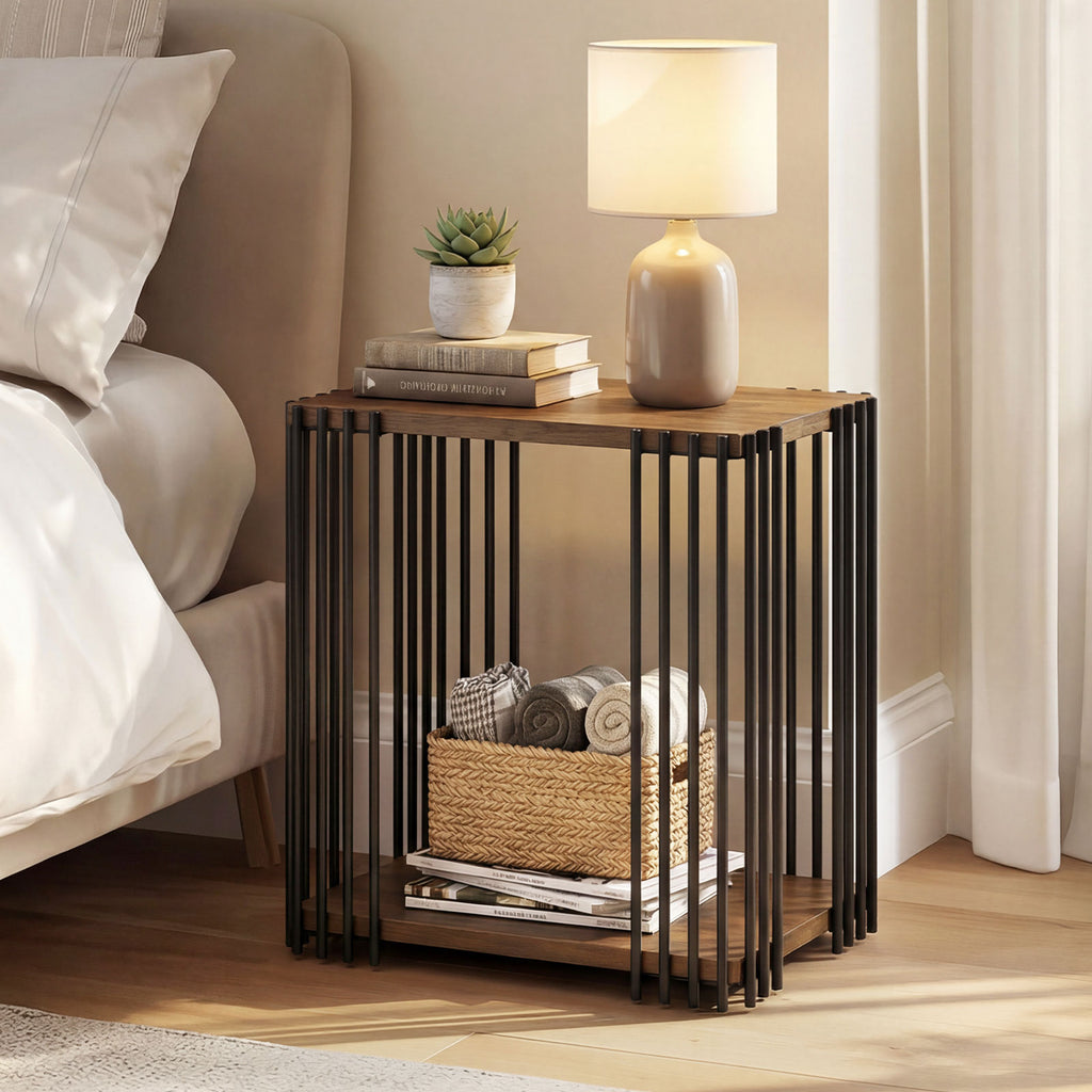 Rubber Wood Side Table with 2-Layer Shelves and Metal Frame - Walnut