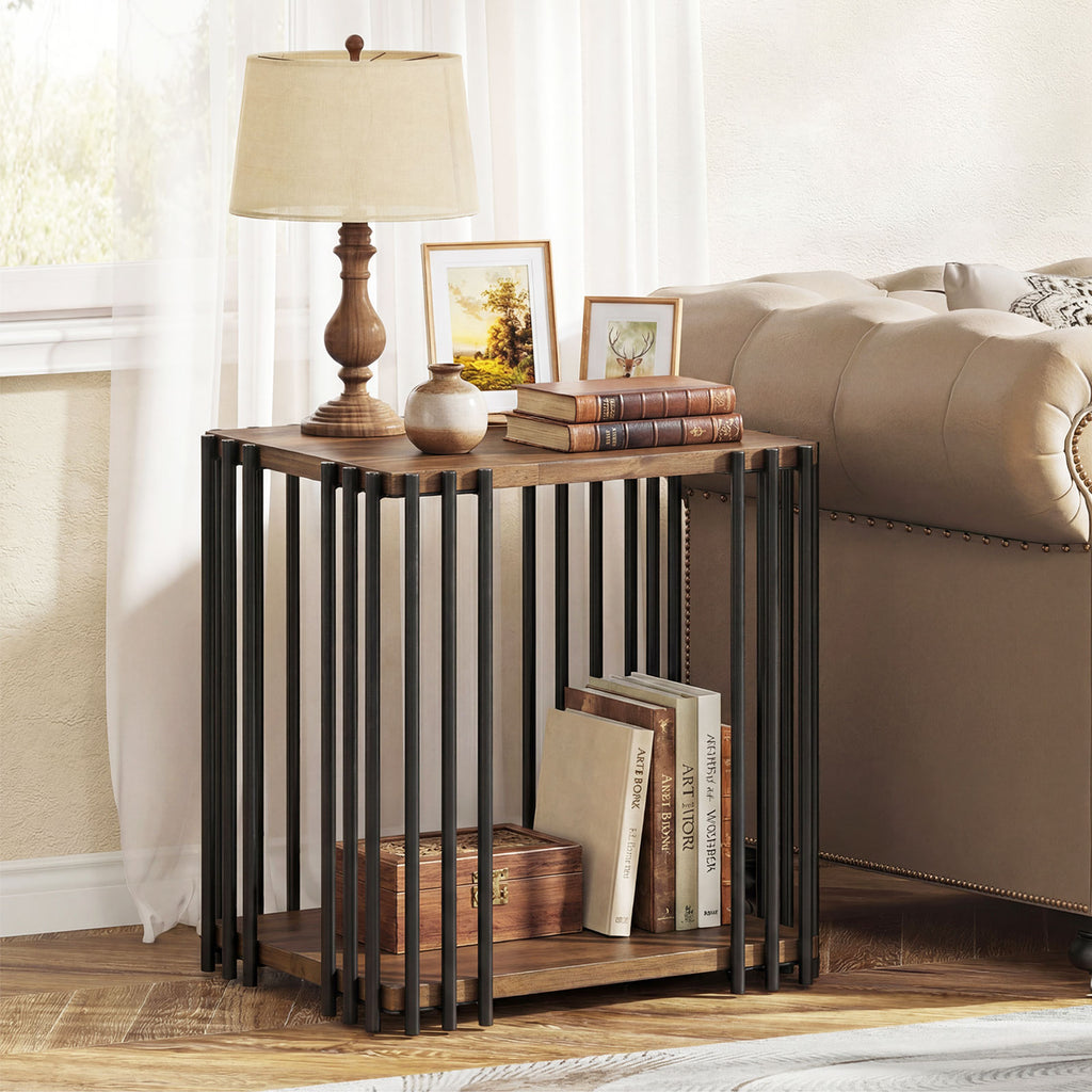 Rubber Wood Side Table with 2-Layer Shelves and Metal Frame - Walnut