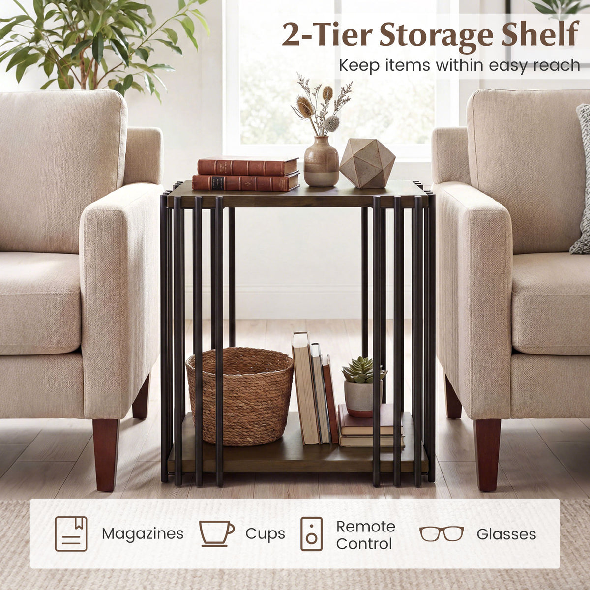 Rubber Wood Side Table with 2-Layer Shelves and Metal Frame - Walnut