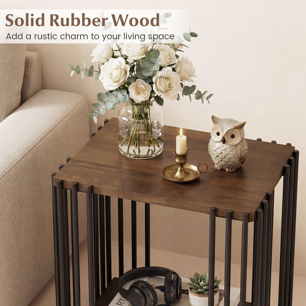 Rubber Wood Side Table with 2-Layer Shelves and Metal Frame - Walnut