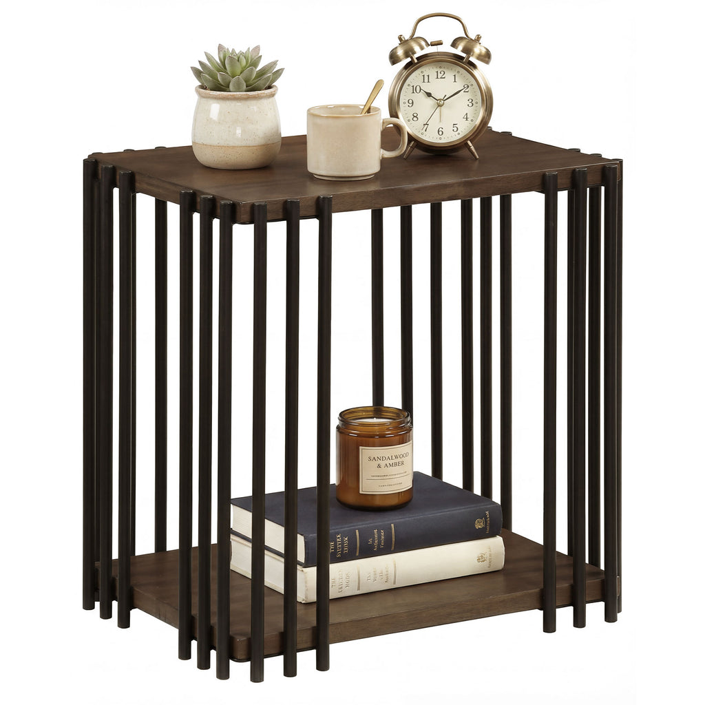Rubber Wood Side Table with 2-Layer Shelves and Metal Frame - Walnut