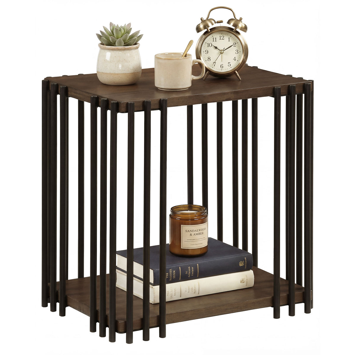Rubber Wood Side Table with 2-Layer Shelves and Metal Frame - Walnut