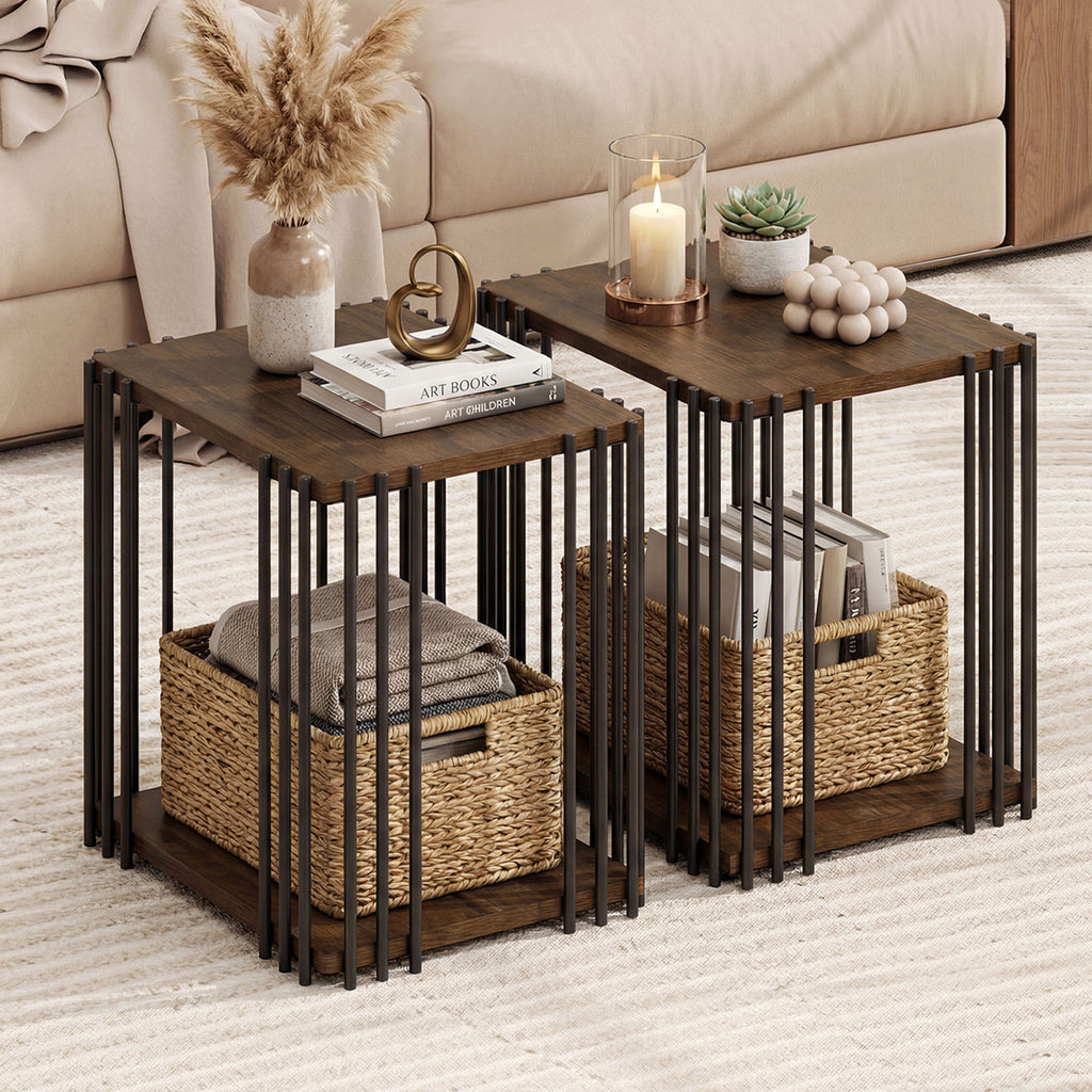 Rubber Wood Side Table Set of 2, Walnut - 2-Tier Storage