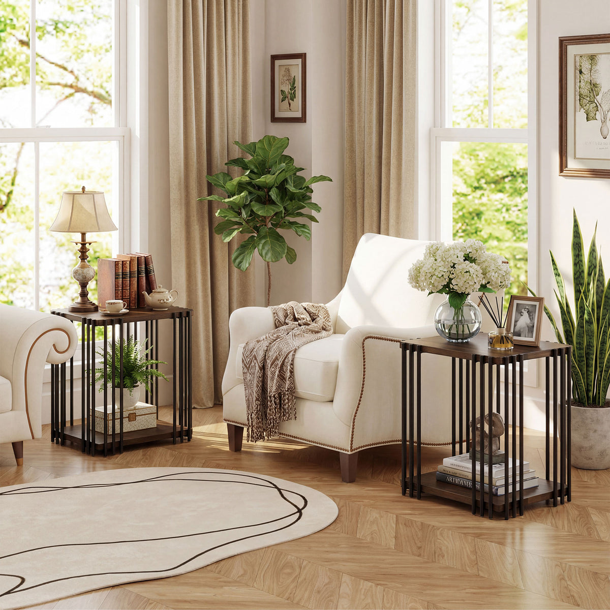 Rubber Wood Side Table Set of 2, Walnut - 2-Tier Storage