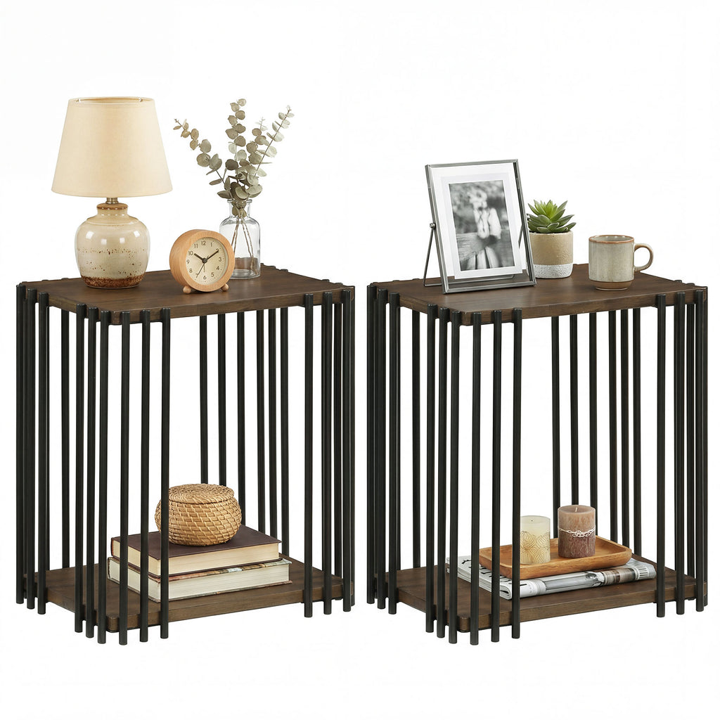 Rubber Wood Side Table Set of 2, Walnut - 2-Tier Storage