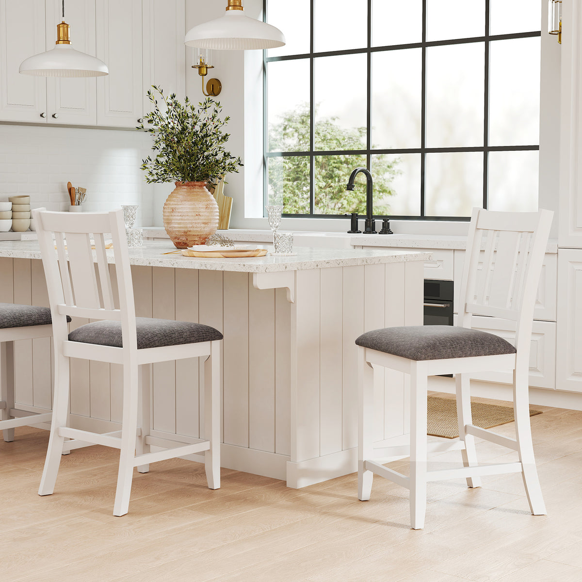 Rubber Wood Bar Stools Set of 2 with Back Support - White