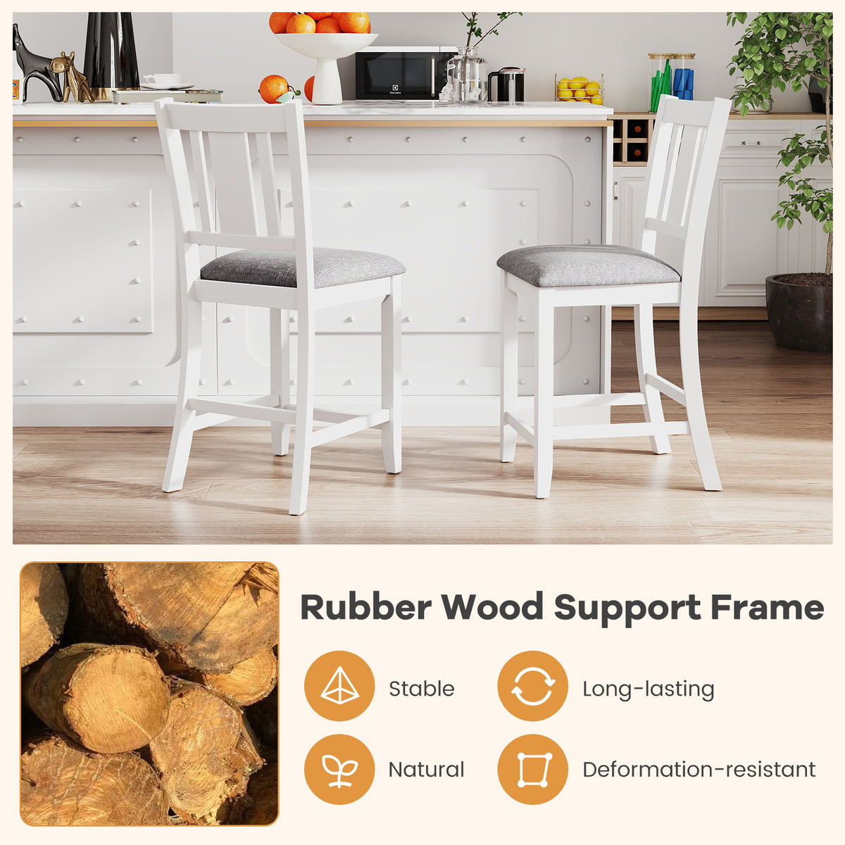 Rubber Wood Bar Stools Set of 2 with Back Support - White