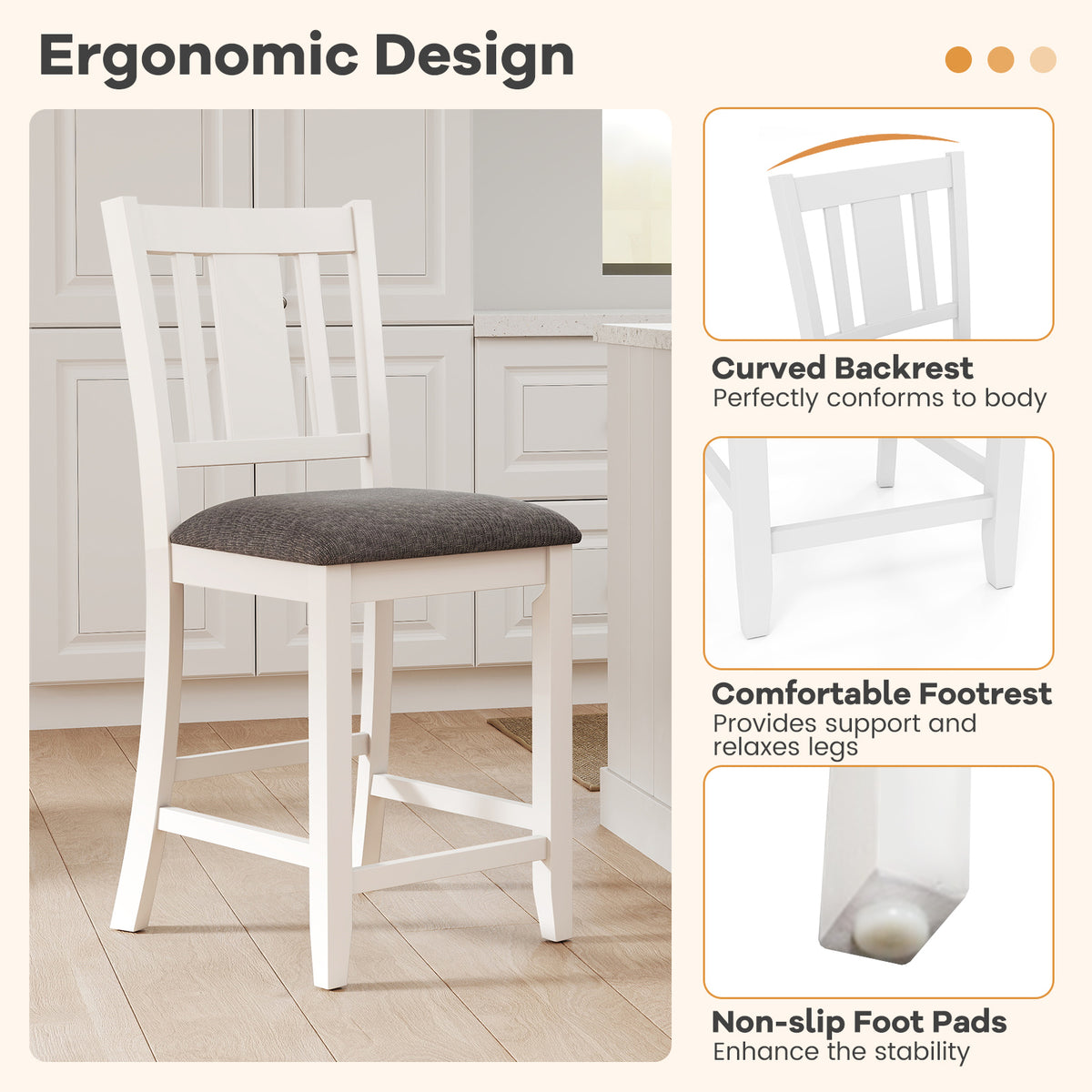 Rubber Wood Bar Stools Set of 2 with Back Support - White