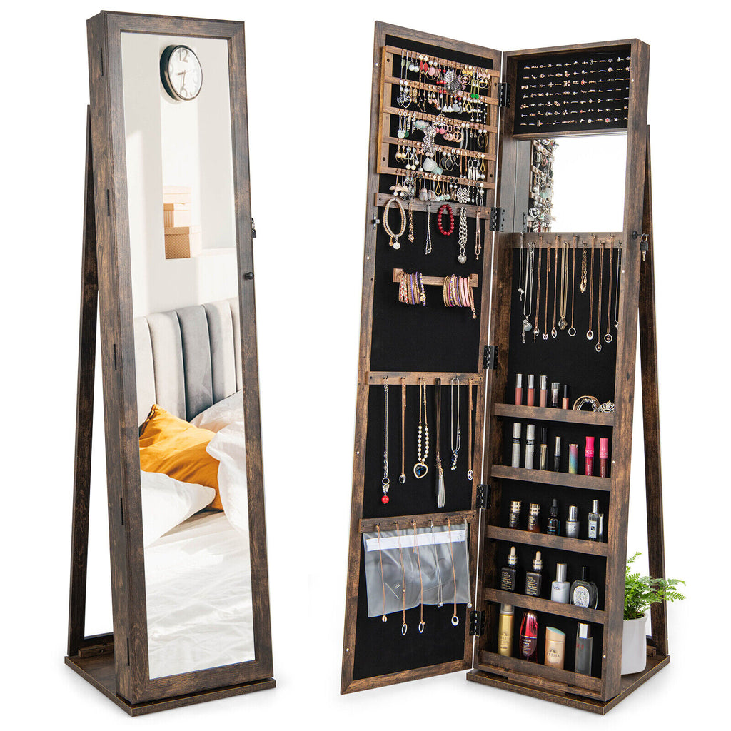 Standing Jewelry Armoire with Mirror and Lockable Storage, White