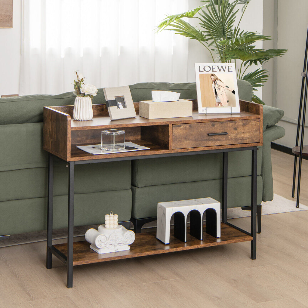 Long Console Table with Drawer and Metal Frame - Rustic Brown