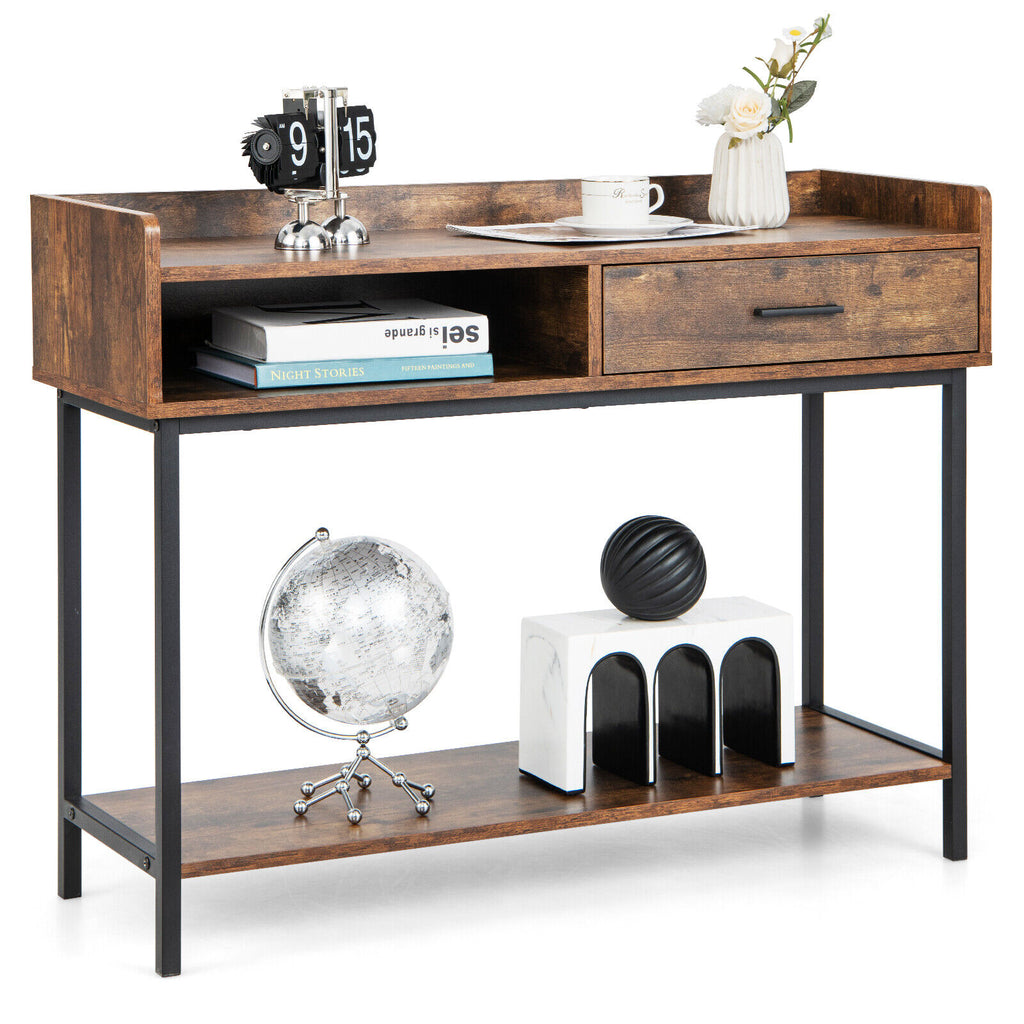 Long Console Table with Drawer and Metal Frame - Rustic Brown