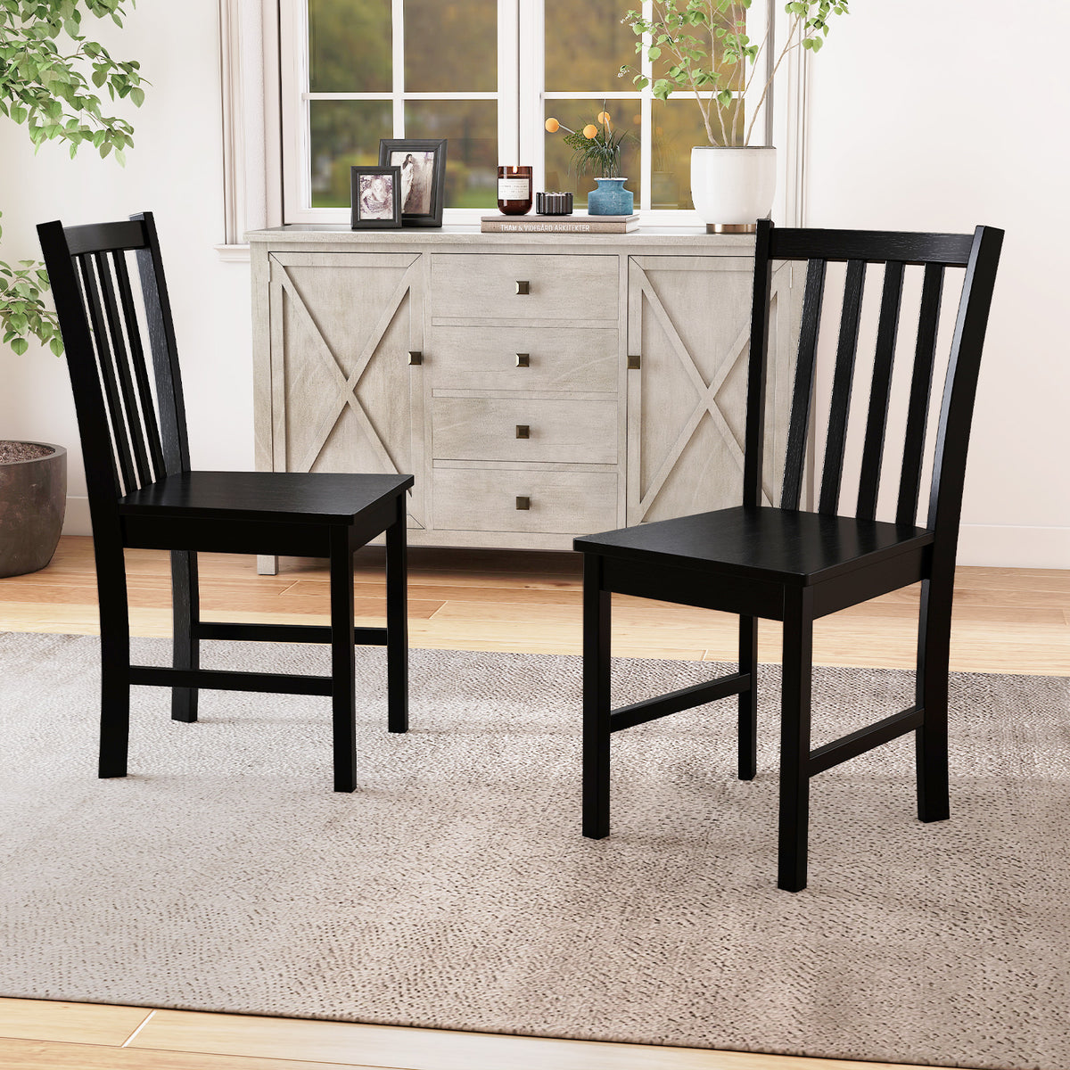 Rustic Dining Chairs Set of 2 Wooden Slat Backrest - Black