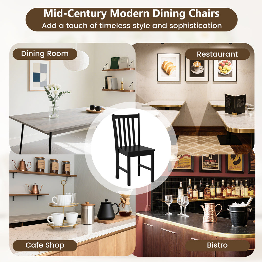 Rustic Dining Chairs Set of 2 Wooden Slat Backrest - Black